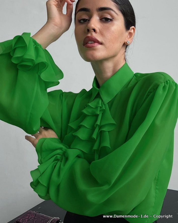 Neuheiten 2024 | Elegante Chiffon Damen Bluse Mit Rüschen in Grün |  Damenmode Günstig Online Kaufen