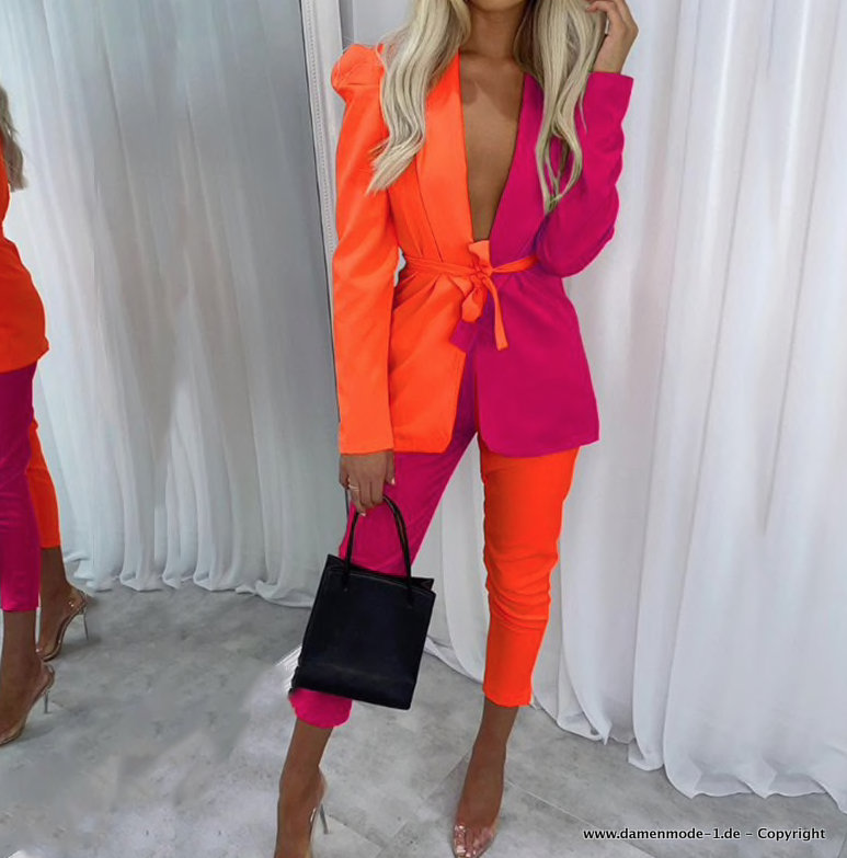 Neuheiten 2024  Damen Hosenanzug Zweifarbig in Orange Pink