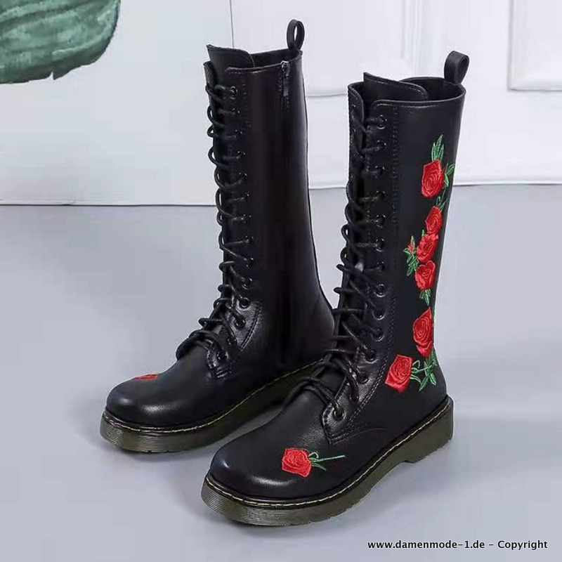 PU Schnür Stiefel Kniehoch mit Blumen Stickerei in Weiß oder Schwarz