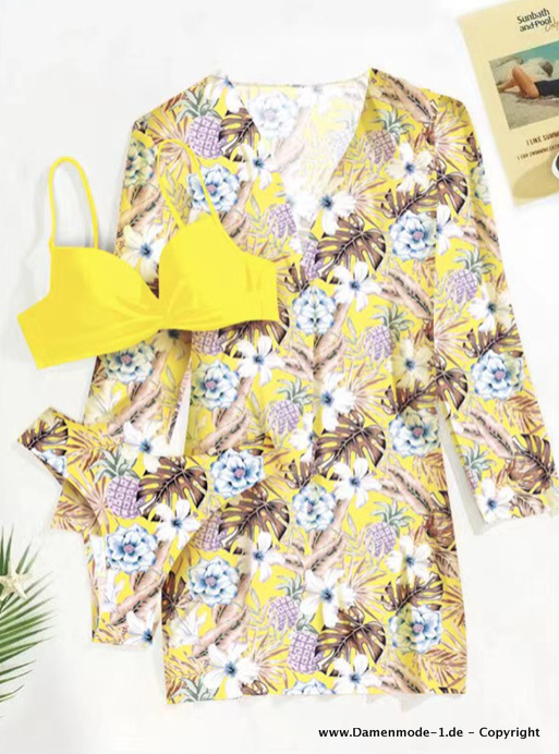 3 Teiliges Beach Outfit Push Up Bikini mit Chiffon Bluse im Set Gelb