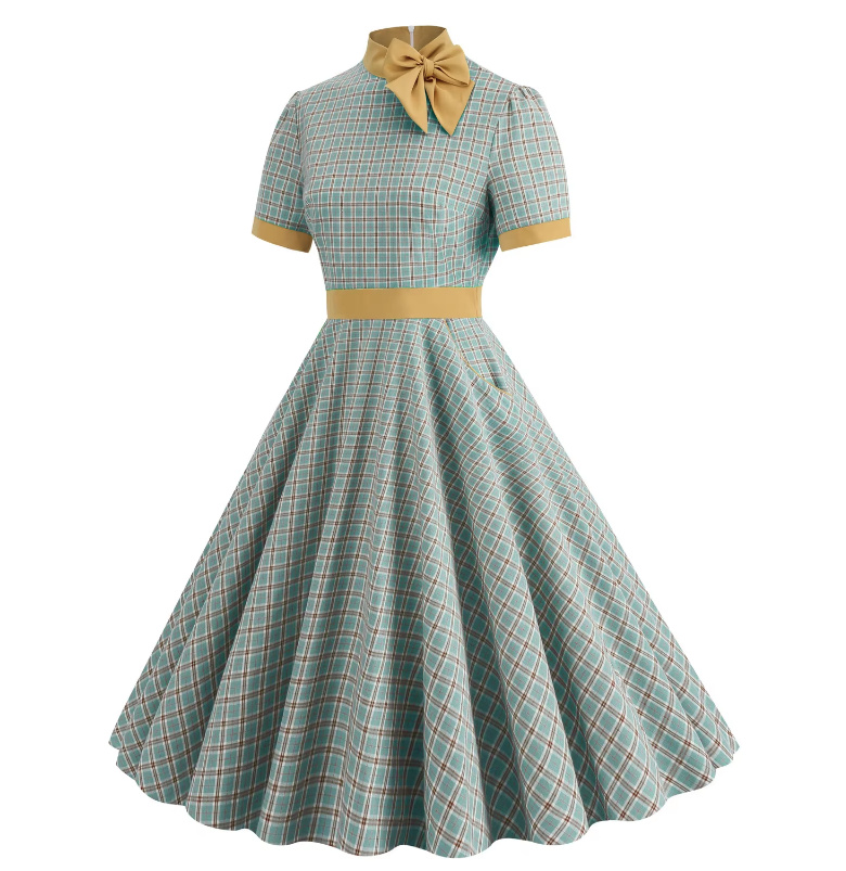 A Linie 50er Rockabilly Kleid Knielang Grün Kariert