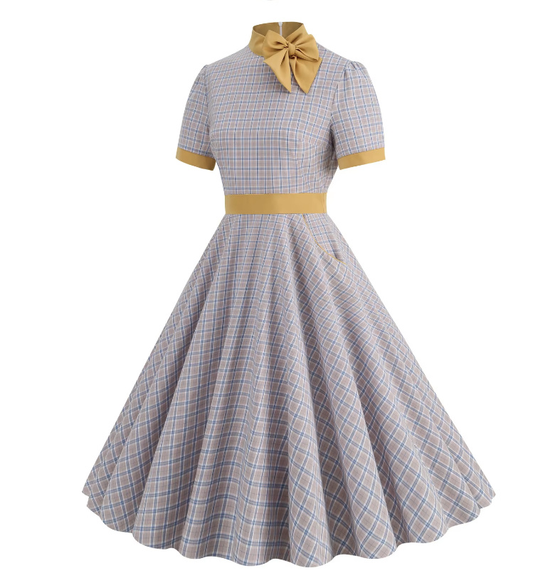 A Linie 50er Rockabilly Kleid Knielang Hellgrau Kariert
