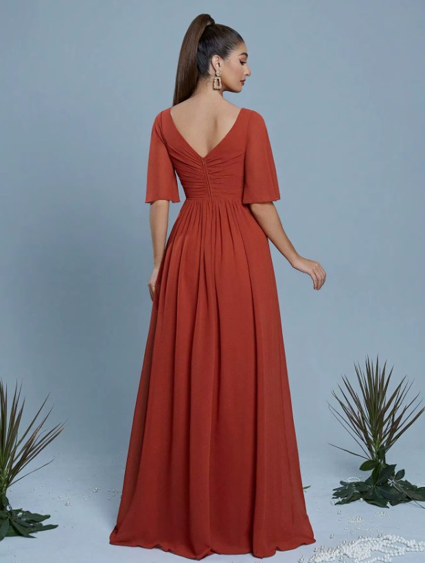 A Linie Abendkleid Emmy mit Flare Ärmeln in Coral Rot