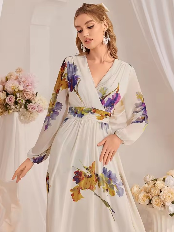  A Linie Chiffon Kleid Eva Lang in Creme mit Blumen Muster