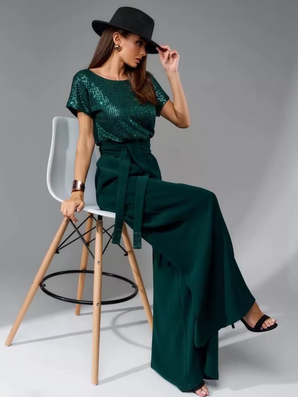A Linie Einteiler Jumpsuit Gaby mit Glitzer Oberteil in Dunkelgrün Elegant und Festlich