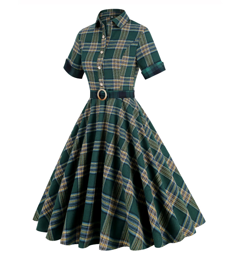 A Linie Kurzarm 50er Rockabilly Kleid Knielang Grün Kariert
