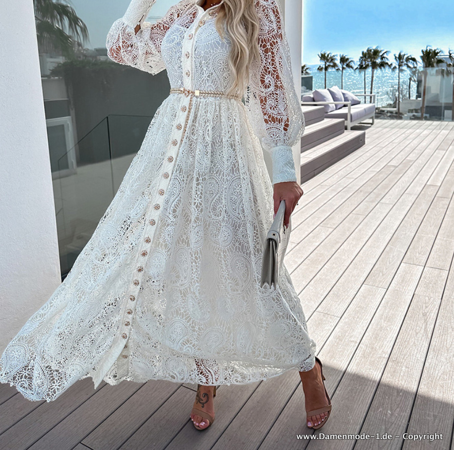  A Linie Langarm Boho Kleid aus Spitze in Weiß Elegant