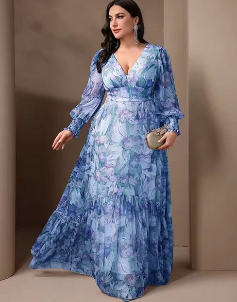  A Linie Langarm Chiffon Kleid Edgarda Elegant in Blau mit Muster