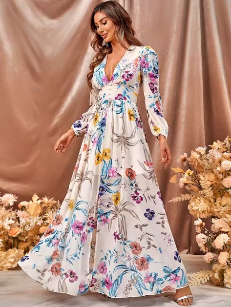  A Linie Langarm Chiffon Kleid Elani mit Blumenmuster