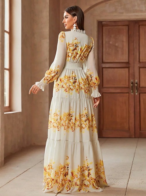  A Linie Langarm Kleid Edeltraud Elegant in Weiß mit Blumenmuster