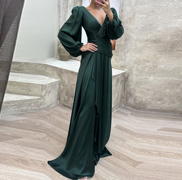  A Linie Langarm Satin Kleid Elegant mit V Ausschnitt in Dunkelgrün
