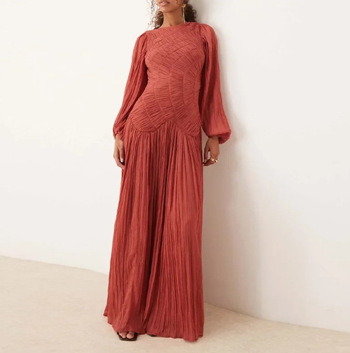 A Linie Maxi Chiffon Kleid Elanie Elegant Lang mit Laternenärmeln in Bronze