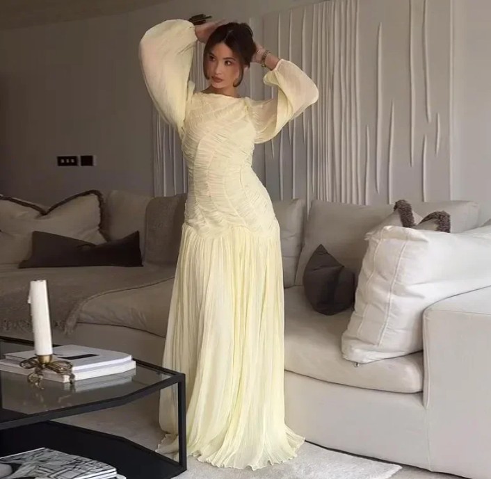 A Linie Maxi Chiffon Kleid Elanie Elegant Lang mit Laternenärmeln in Gelb