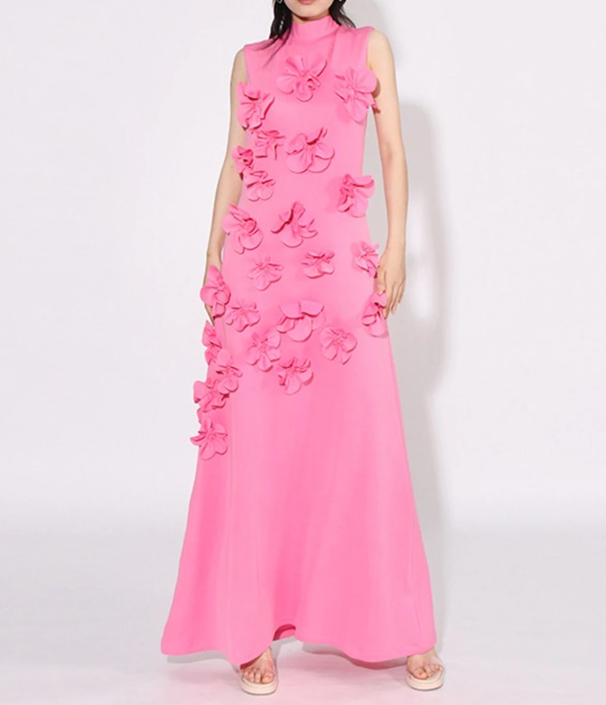 A Linie Maxi Kleid Enrike Elegant mit 3D Blumen in Rosa