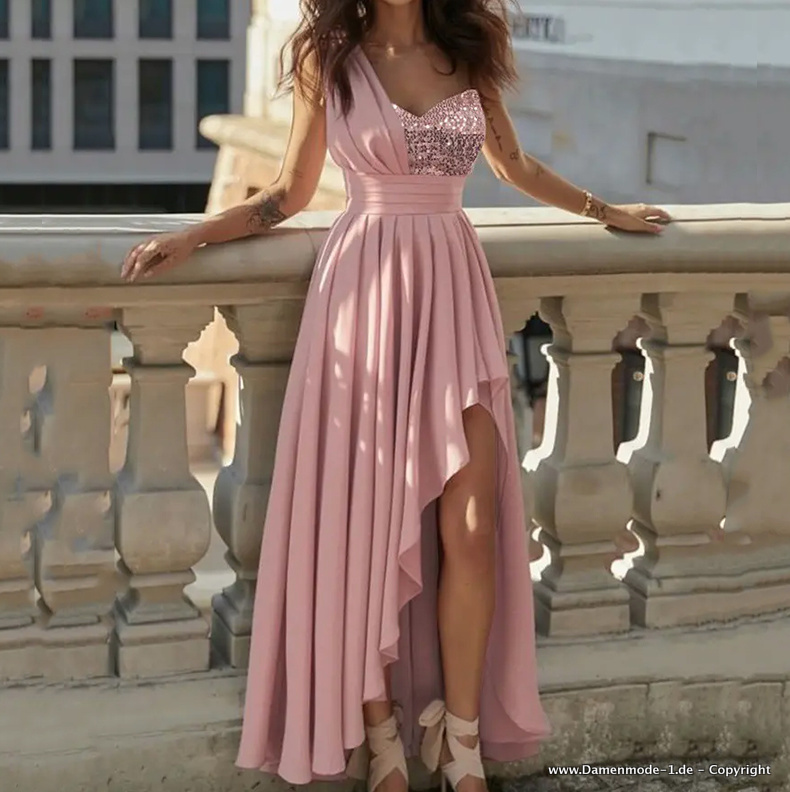  A Linie One Shouder Kleid Elegant mit Schlitz Asymmetrisch in Rosa Pailletten