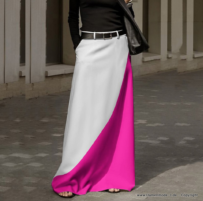 A-Linie Satin Color Block Patchwork Maxi Rock Lang in Weiß Pink