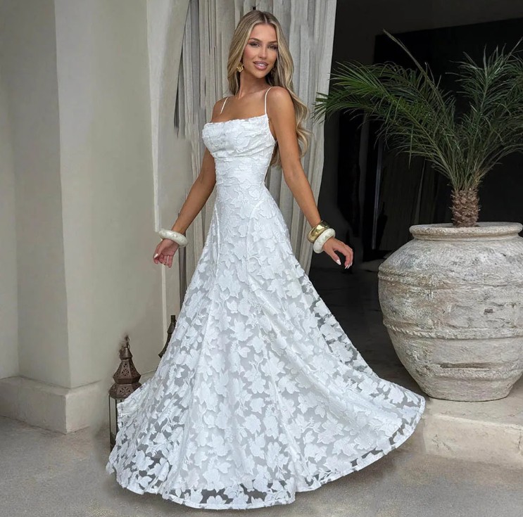 A Linie Spaghettiträger Maxi Chiffon Kleid Elikapeka Lang in Weiß mit Spitze