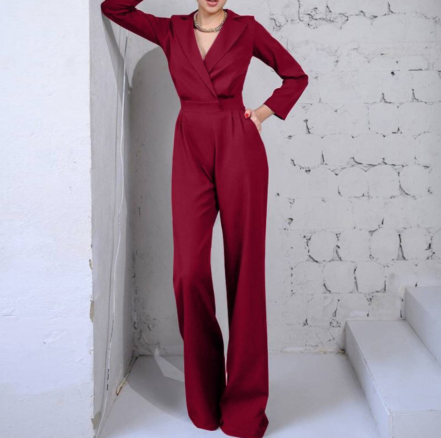 A Linie V Ausschnitt Jumpsuit Einteiler Elegant in Dunkelrot