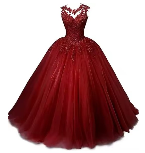 Ärmelloses Ballkleid Estefania mit Spitze und Illusion Ausschnitt in Weinrot