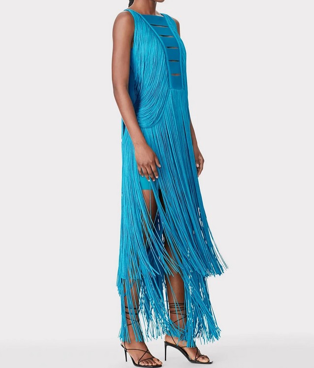 Ärmelloses Maxi Kleid Europa Elegant in Blau mit Fransen 