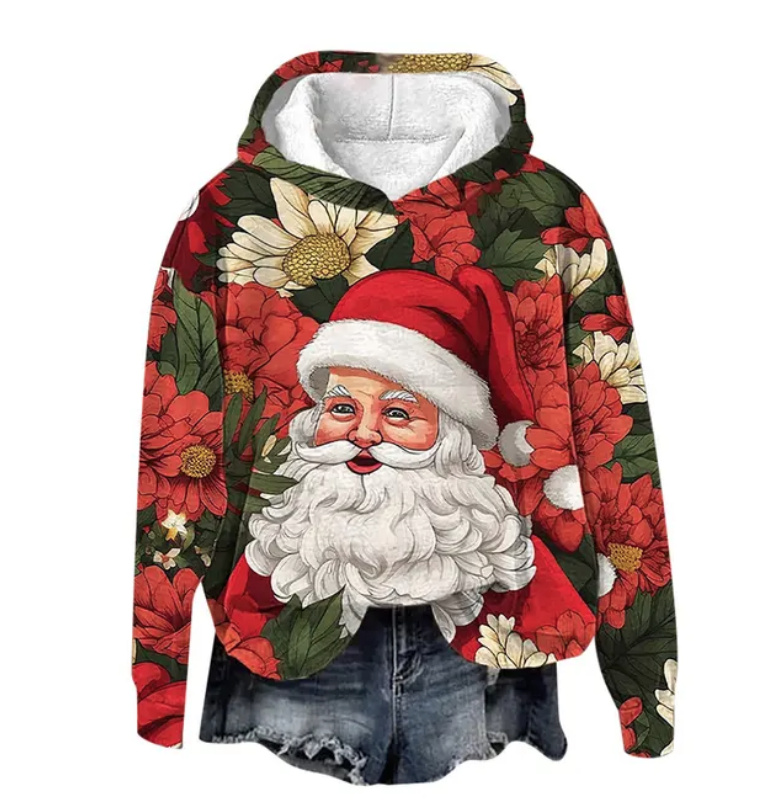 Baumwoll Weihnachts Hoodie für Damen Rot Grün mit Santa