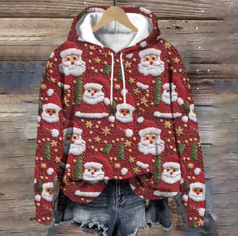 Baumwoll Weihnachts Hoodie für Damen Weinrot mit Santa