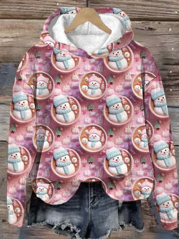 Baumwoll Weihnachts Hoodie für Damen Rosa mit Schneemann