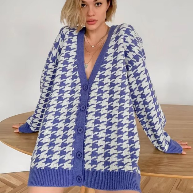 Blauer Vintage Houndstooth Cardigan für Damen mit V-Ausschnitt und Oversize-Schnitt