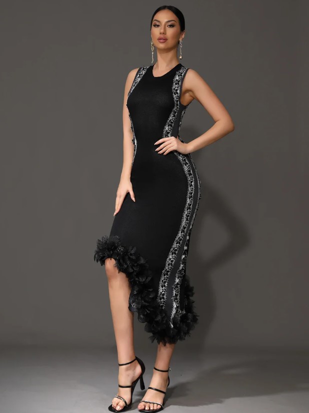 Bleistift Abendkleid Asymetrisch Ärmellos mit Spitze in Schwarz
