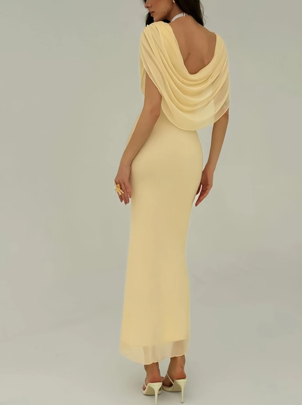 Bleistift Chiffon Kleid Edith Elegant Lang in Gelb Plissiert