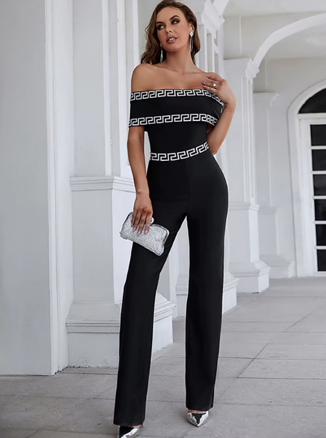 Bleistift Etui Damen Overall One-Piece Schulterfrei Elegant in Schwarz