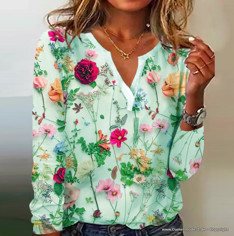 Blumen Print Damen Bluse Elegant in Hellgrün