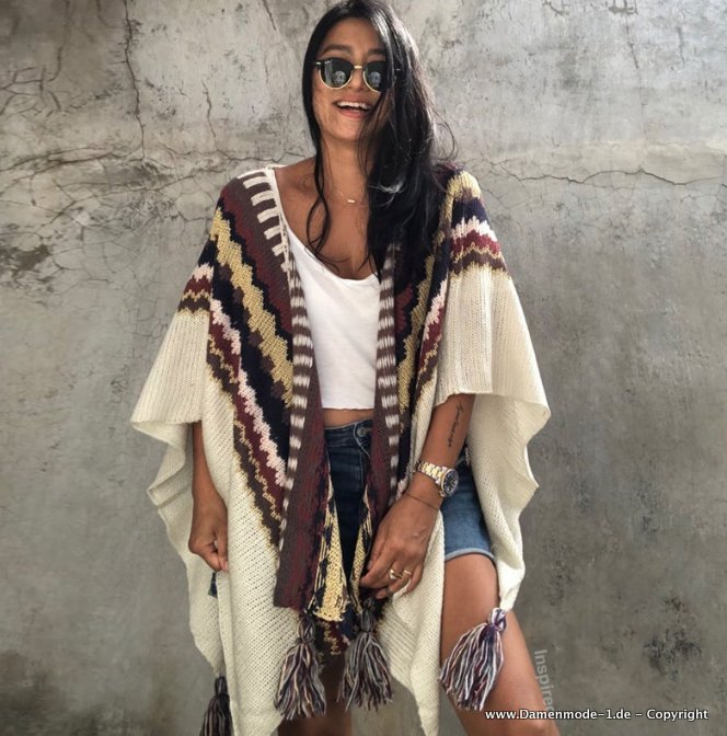 Boho Cardigan Poncho Gestreift Leger