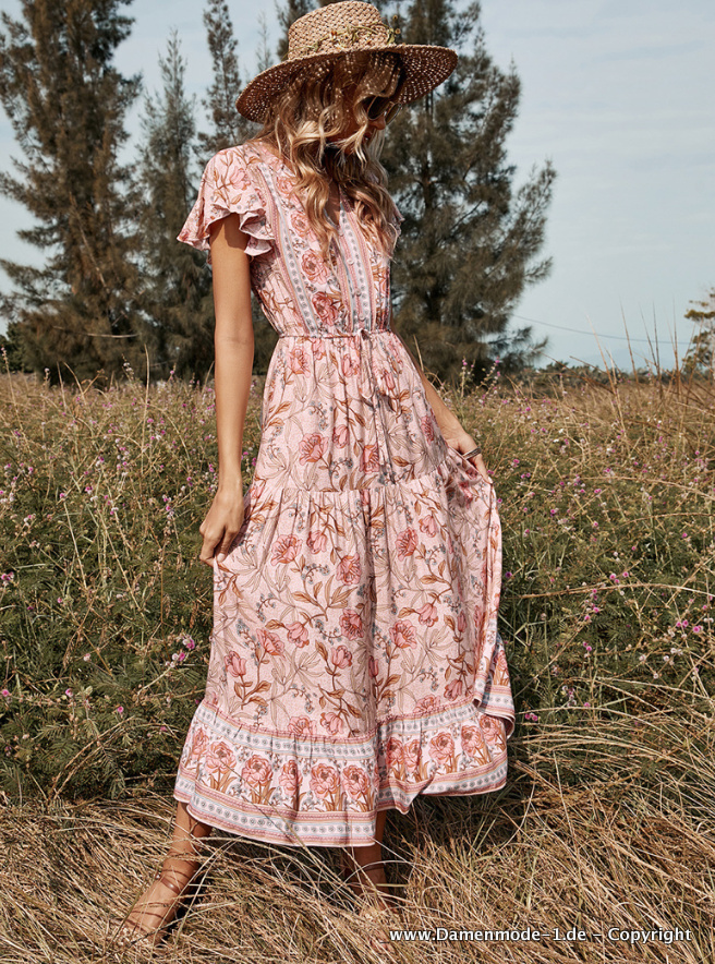 Boho Maxi Blusen Sommerkleid in Rosa mit Blumenmuster Leger