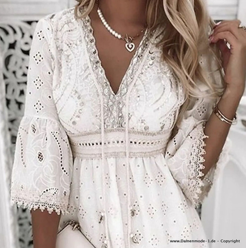 Boho Style Baumwoll Sommerkleid Kurz in Weiß