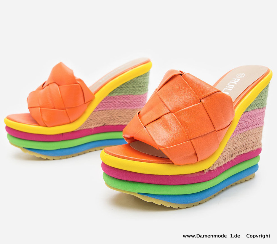 Bunte Sommer Plateau Schuhe Slippers Orange bis Gr 43