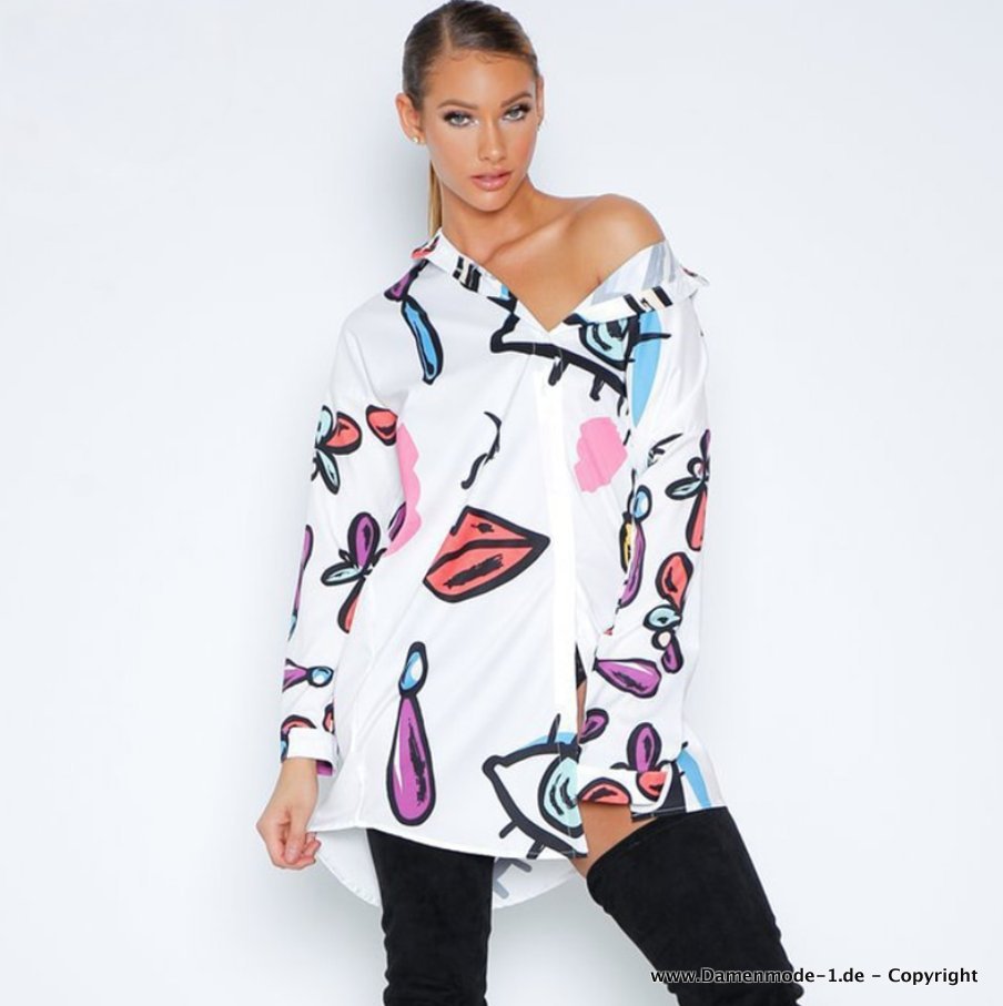 Cartoon Print Damen Bluse Leger in Weiß