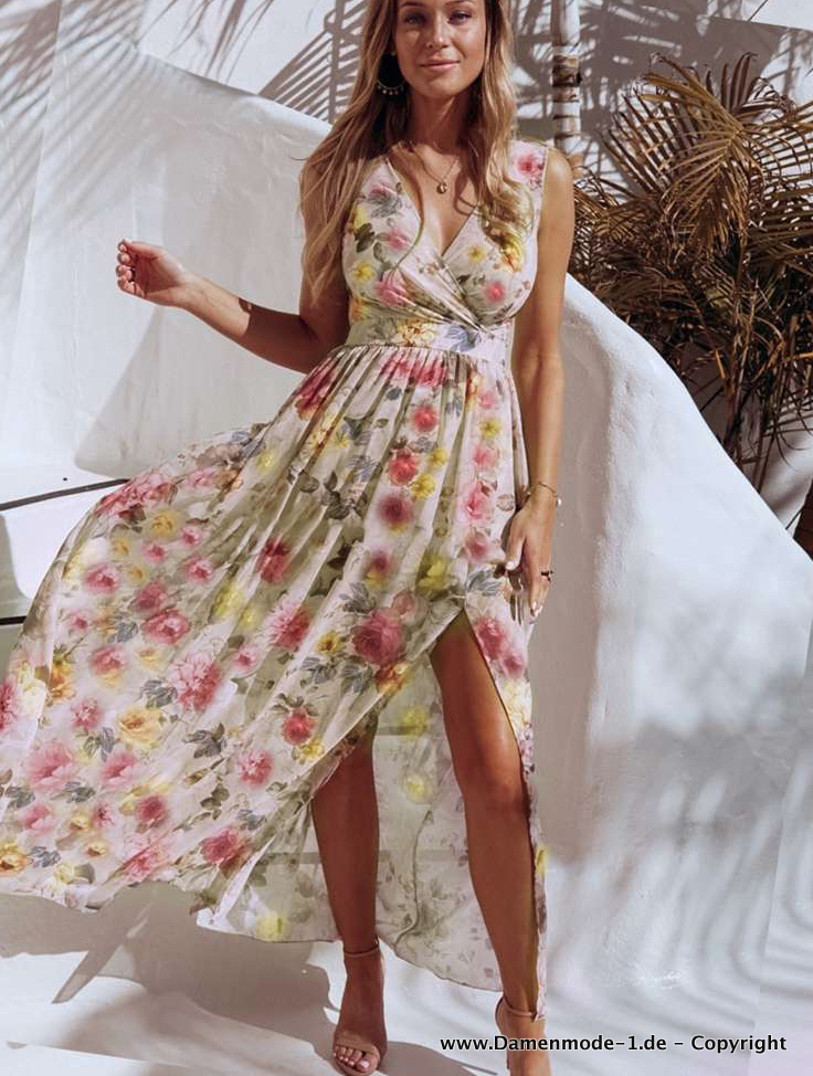 Chiffon Boho Maxi Sommerkleid in Creme mit Blumenmuster und V Ausschnitt