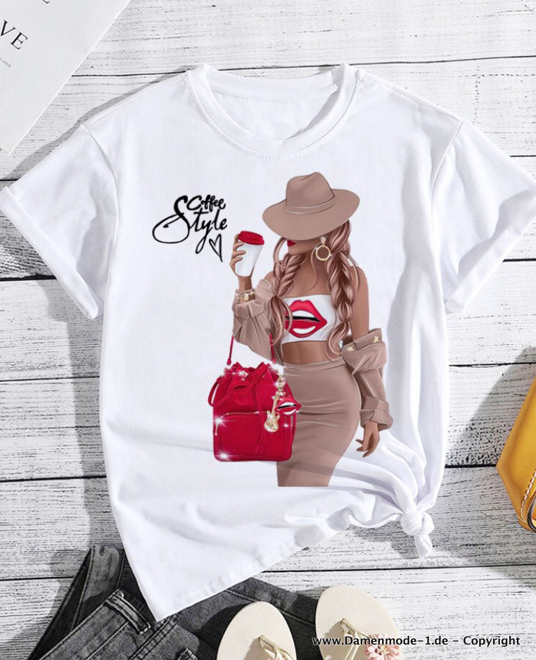 Coffee Style Sommer Shirt für Damen in Weiß