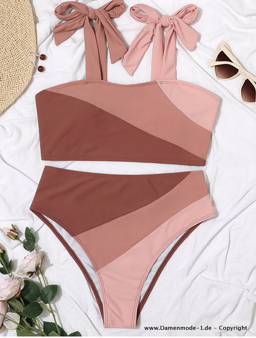 Colorblock Bikini mit Trägern und Hohe Taille zum Binden Beige Braun