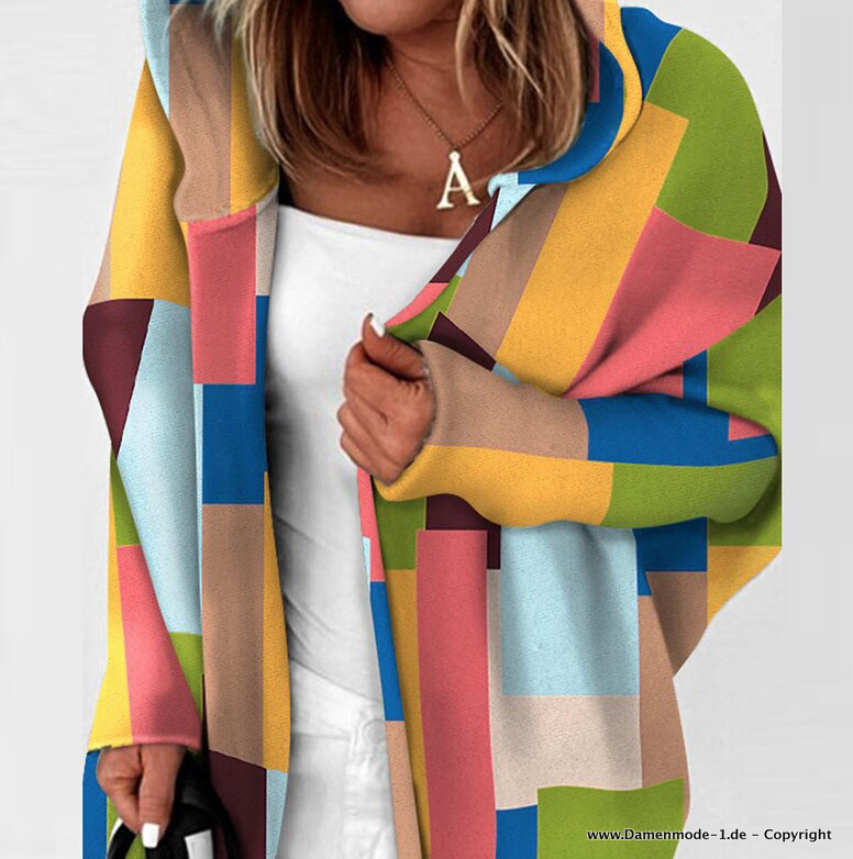 Colorblock Damen Cardigan mit Kapuze Bunt