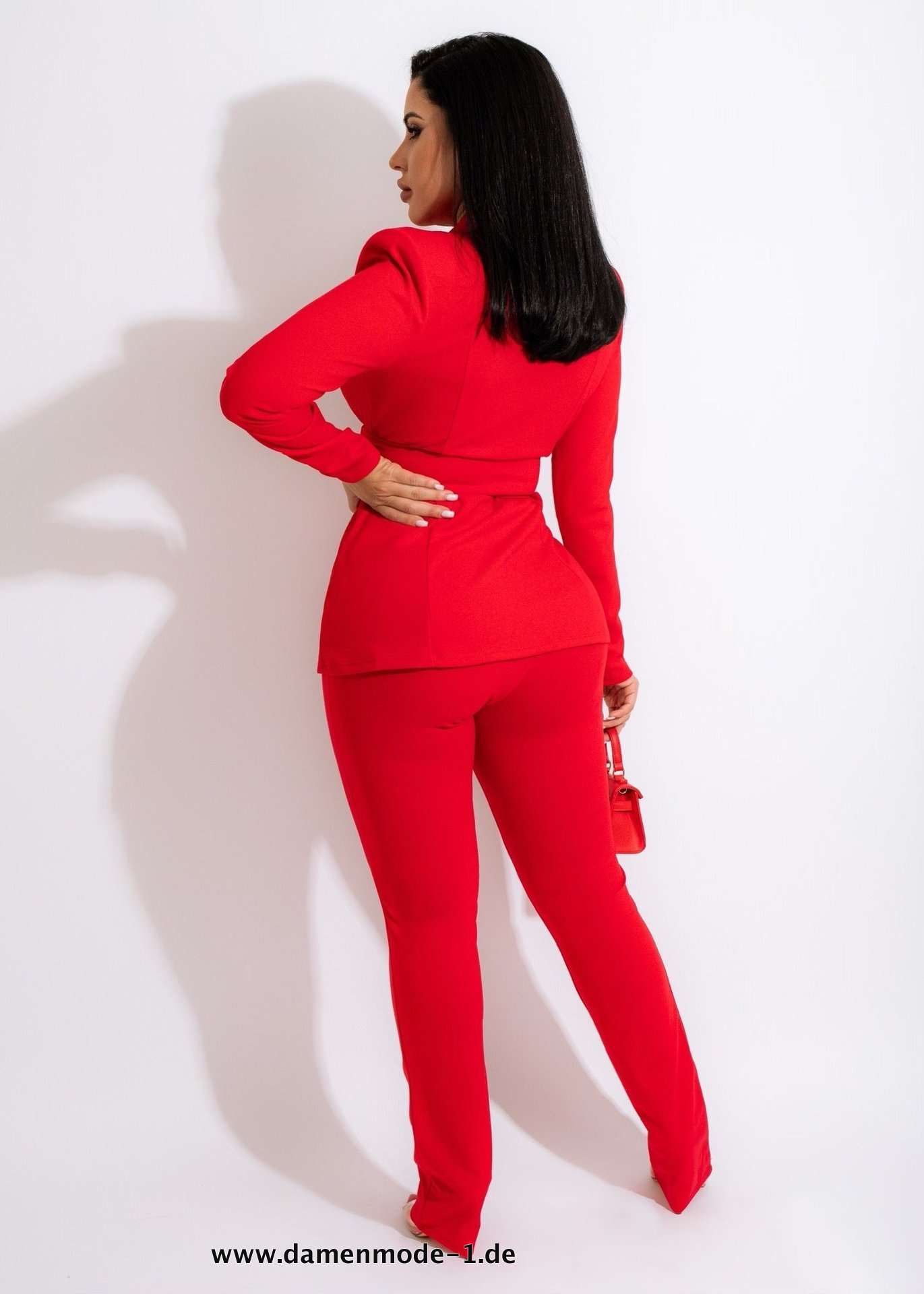 Damen Blazer mit Gürtel Korsett und Hose Set 2023 in Rot