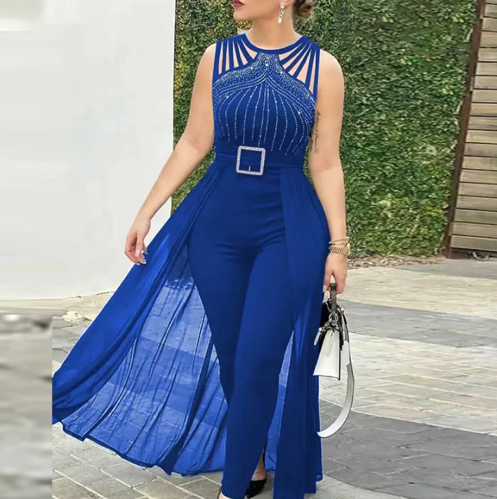 Damen Bodycon Einteiler Jumpsuit Ärmellos Elegant mit Schärpe und Pailletten in Blau