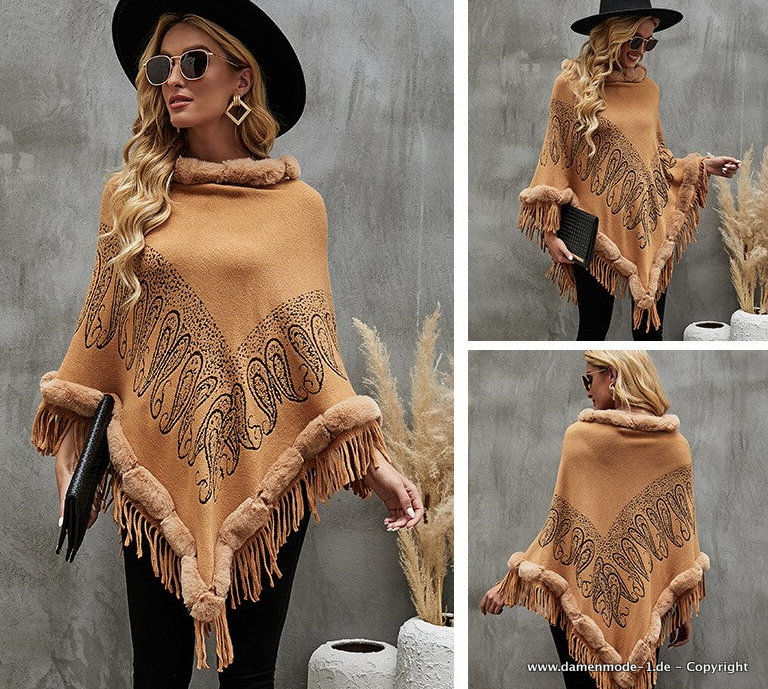 Damen Boho Style Poncho Strickjacke in Beige