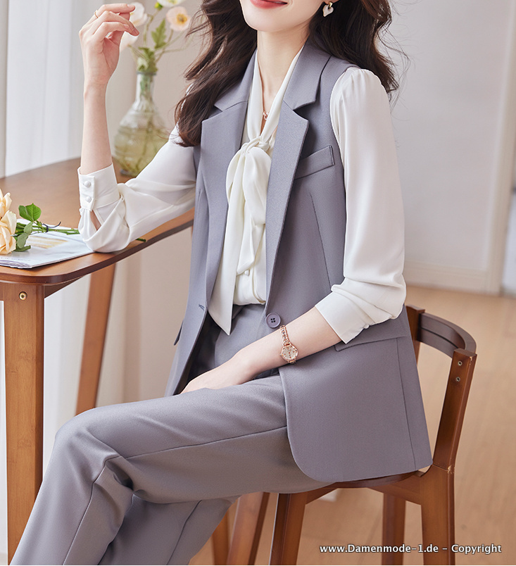 Damen Business Outfit Elegant Dreiteilig Hose - Weste mit Bluse im Set Grau Weiß