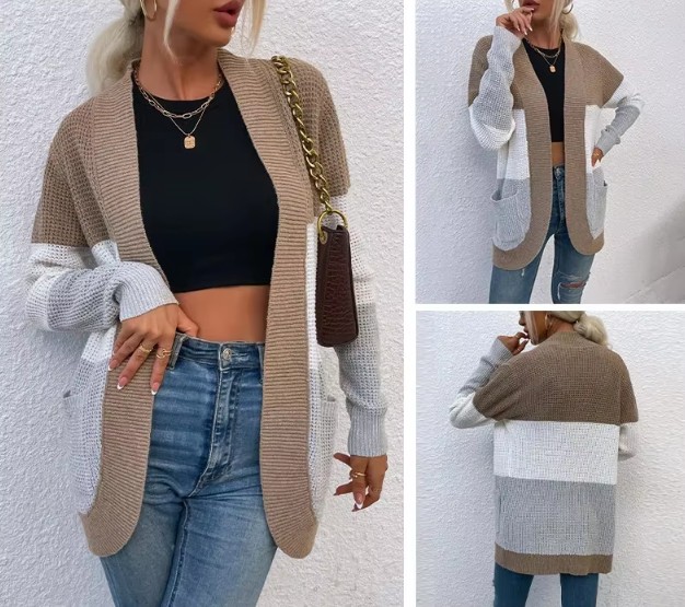 Damen Cardigan Strickjacke Eireann mit Kontrastfarben Beige