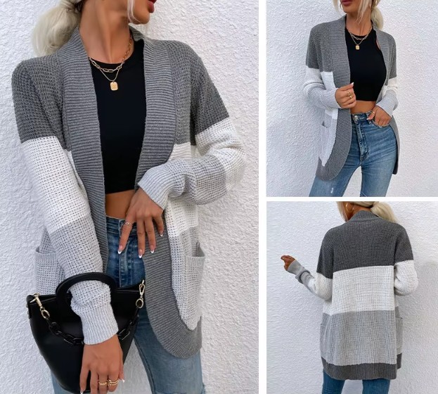 Damen Cardigan Strickjacke Eireann mit Kontrastfarben Grau