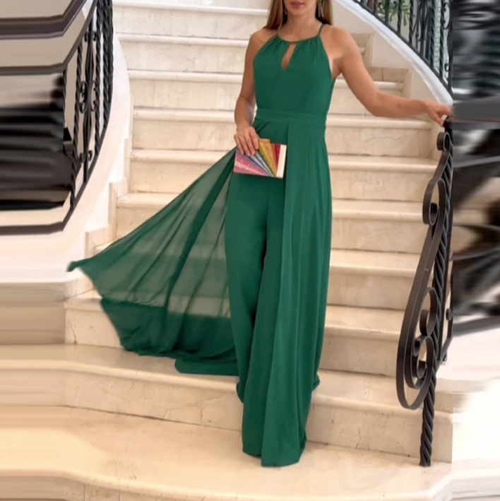 Damen Chiffon Einteiler Jumpsuit Ärmellos Elegant in Grün