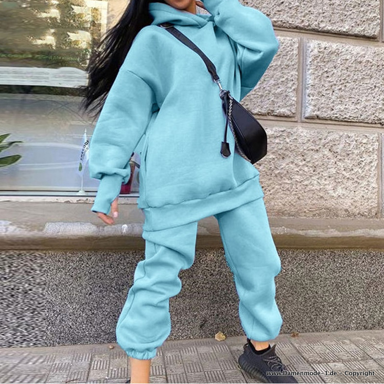 Damen Freizeitanzug Bequem in Hellblau mit Kapuzen Sweatshirt