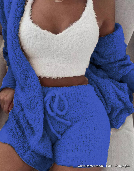 Damen Freizeitanzug Dreiteilig Kurz Hose Sweater und Top Blau Weiß Flauschig